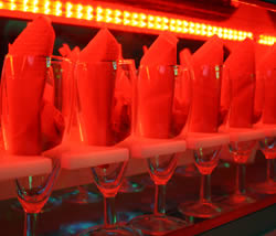 Champagne glasses and bar area